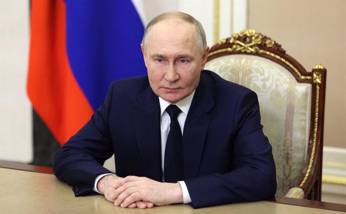 HANDOUT - 23 February 2025, Russia, --: Russian President Vladimir Putin pictured during a video message to mark Defender of the Fatherland Day. Putin has pledged to provide Russian forces with more modern weapons and technology, one day before the third 