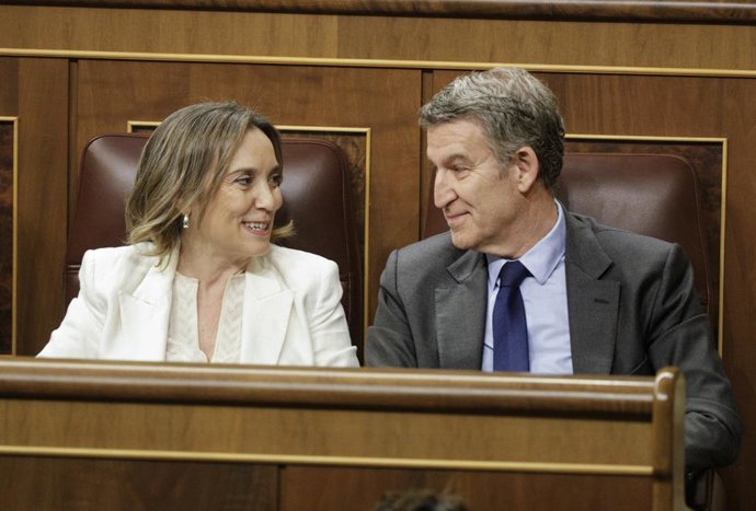 O secretário-geral do PP, Cuca Gamarra, e o presidente do PP, Alberto Núñez Feijóo, durante uma sessão plenária no Congresso dos Deputados, em 12 de março de 2025, em Madri (Espanha). A delegação de competências de imigração para a Generalitat de Cata