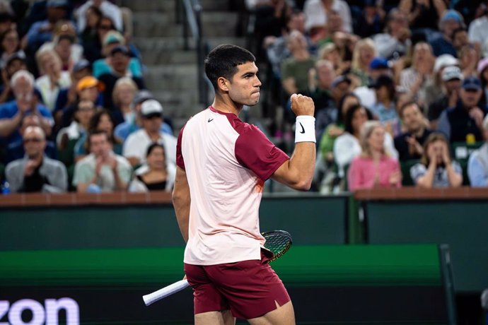 March 11, 2025: March 10, 2025 Carlos Alcaraz from Spain during the third round match against Denis Shapovalov at the BNP Paribas Open in Indian Wells, CA.,Image: 974665973, License: Rights-managed, Restrictions: * Belgium France Germany Rights Out *, Mod