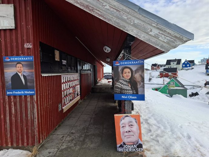 AASIAAT, March 11, 2025  -- This photo taken on March 11, 2025 shows posters of Greenland's parliamentary election candidates in Aasiaat, Greenland, an autonomous territory of Denmark. Greenland held its parliamentary election on Tuesday.    Over 40,420 e