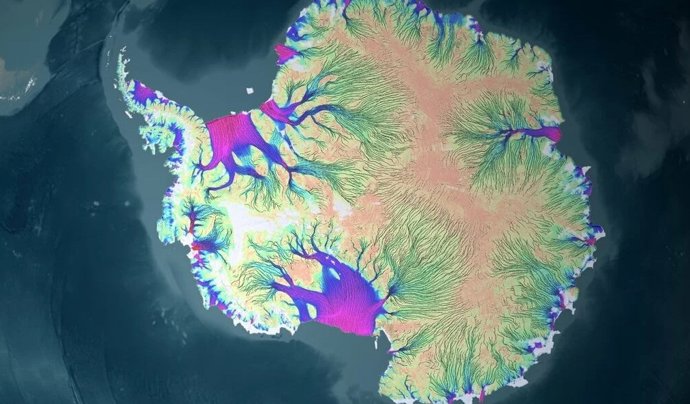 Esse mapa, que mostra geleiras e afluentes em fluxos modelados, foi criado com os mesmos dados que os pesquisadores de Stanford usaram para treinar um modelo de IA.