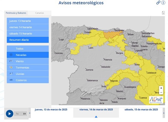 Mapa elaborado por la Aemet sobre el episodio de frío invernal que se prevé en CyL hasta el domingo