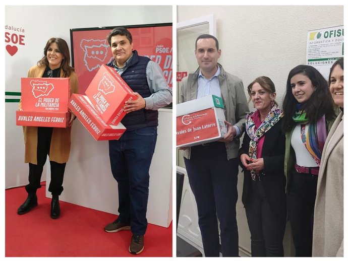 Ángeles Férriz y Juan Latorre, con miembros de sus respectivos equipos, con los avales para optar a la Secretaría General del PSOE de Jaén.