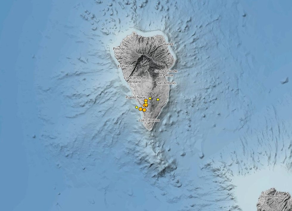 Localización de terremotos en el sur de La Palma