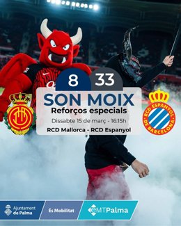 Cartel con los refuerzos de la EMT para el partido RCD Mallorca-RCD Espanyol.