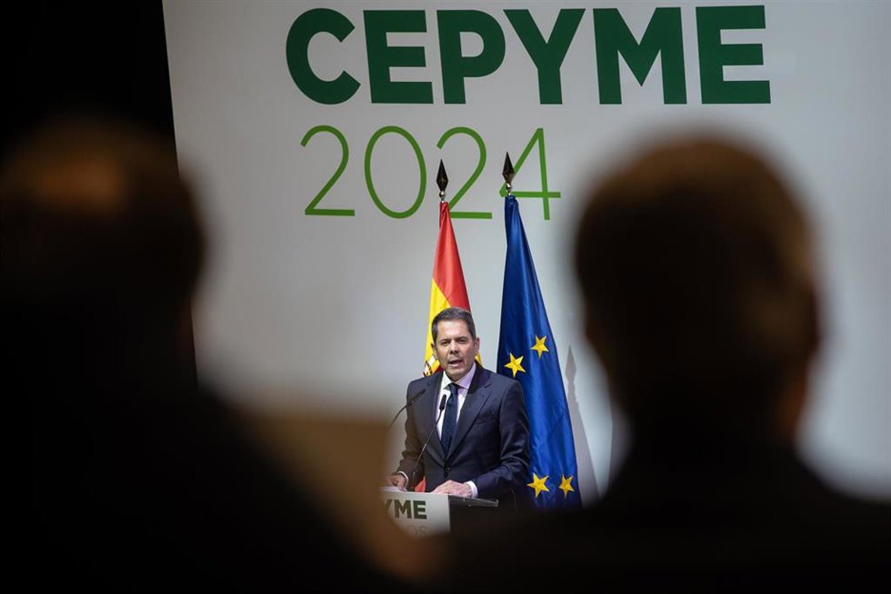 El presidente de Cepyme, Gerardo Cuerva, interviene durante la clausura del acto de entrega de los 'XI Premios Cepyme 2024', a 5 de marzo de 2025, en Madrid (España).