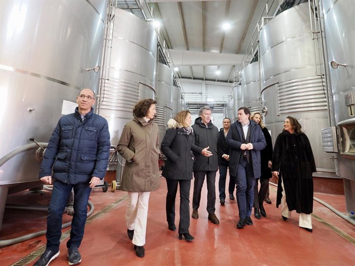 O presidente do Partido Popular, Alberto Núñez Feijóo, e o presidente da Junta de Castilla y León e do PP regional, Alfonso Mañueco, visitam as Bodegas Hijos de Alberto Gutierrez, em Serrada (Valladolid). EUROPA PRESS/Claudia Alba