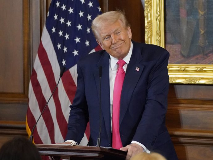 12 March 2025, US, Washington Dc: US President Donald Trump speaks at the Friends of Ireland luncheon hosted by Speaker of the United States House of Representatives Mike Johnson at the US Capitol in Washington DC. Photo: Niall Carson/PA Wire/dpa