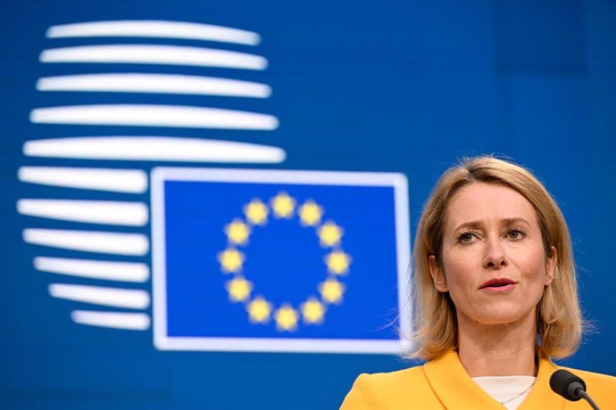 La Alta Representante de la UE, Kaja Kallas, en rueda de prensa desde Bruselas el pasado febrero.