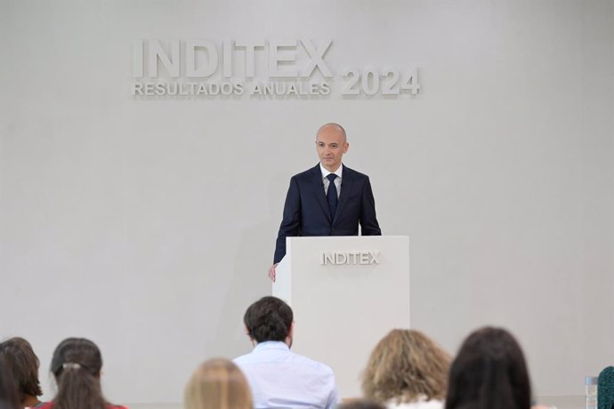 El consejero delegado de Inditex, Óscar García Maceiras, interviene durante la presentación de resultados de Inditex del 2024, a 12 de marzo de 2025, en Santiago de Compostela, A Coruña, Galicia (España).