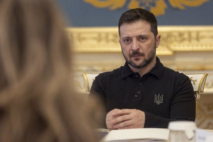 March 13, 2025, Kyiv, Ukraine: Ukrainian President Volodymyr Zelenskyy, listens to Dutch politician Dilan Yesilgoz-Zegerius, leader of the VVD Party Netherlands, during bilateral discussions at the Mariinsky Palace, March 13, 2025 in Kyiv, Ukraine.