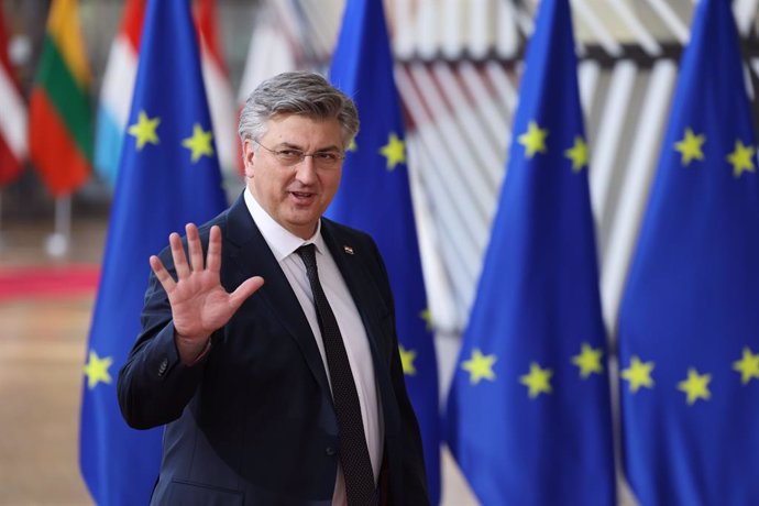 HANDOUT - 06 March 2025, Belgium, Brussels: Croatia's Prime Minister Andrej Plenkovic arrives to attend the European Union summit on Ukraine, at the EU headquarters . Photo: Francois Lenoir/European Council/dpa - ATTENTION: editorial use only and only if 