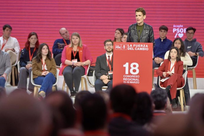 La secretaria general del PSN y presidenta del Gobierno de Navarra, María Chivite, durante su intervención en el 18º Congreso del PSOE en Aragón.