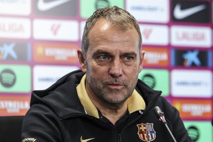 Hansi Flick, head coach of FC Barcelona attends his press conference during the training day of FC Barcelona ahead the Spanish League, La Liga EA Sports, football match against CA Osasuna at Ciudad Esportiva Joan Gamper on March 07, 2025 in Sant Joan Desp