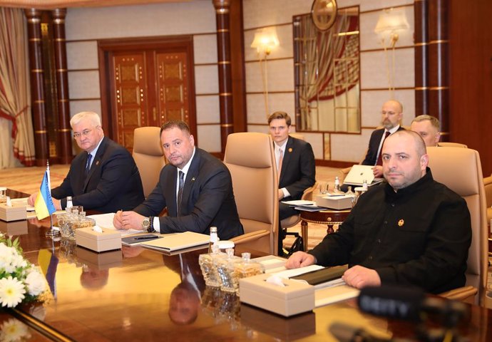 JEDDAH, March 11, 2025  -- Head of the President's Office Andriy Yermak (C), Foreign Minister Andrii Sybiha (L) and Defense Minister Rustem Umerov (R) of the Ukrainian delegation are pictured during a high-stakes meeting in Jeddah, Saudi Arabia, March 11,