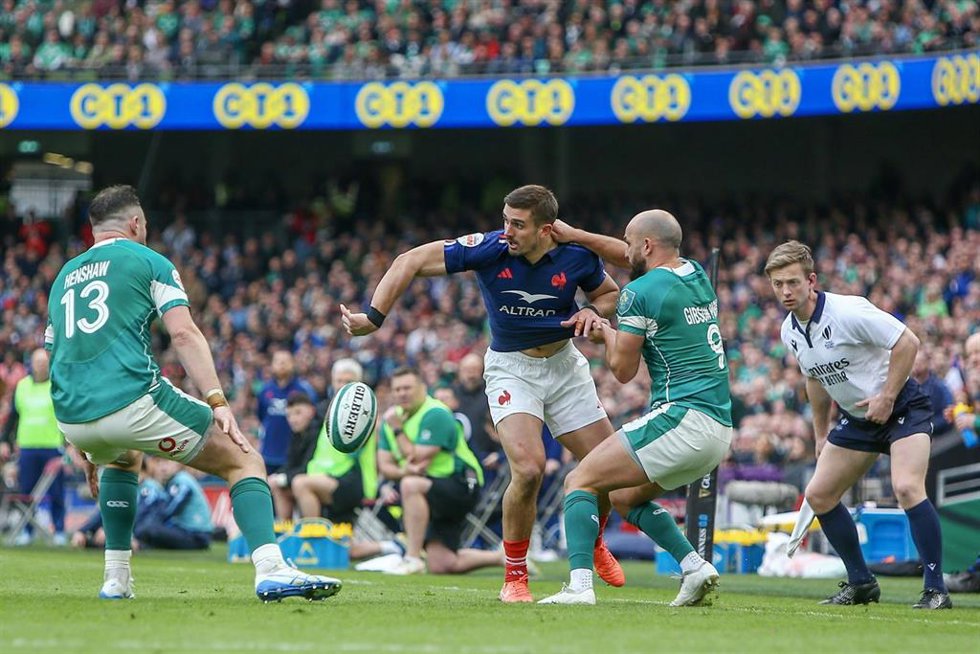 France's Thomas Ramos and Jamison Gibson-Park of Ireland during the 2025 Six Nations Championship, rugby union match between Ireland and France on 8 March 2025 at Aviva Stadium in Dublin, Ireland - Photo Ken Sutton / Colorsport / DPPI
