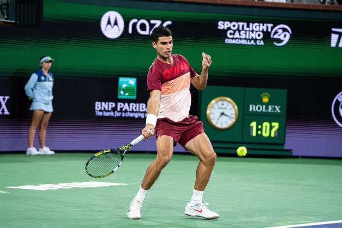 March 11, 2025: March 10, 2025 Carlos Alcaraz from Spain during the third round match against Denis Shapovalov at the BNP Paribas Open in Indian Wells, CA.,Image: 974665846, License: Rights-managed, Restrictions: * Belgium France Germany Rights Out *, Mod