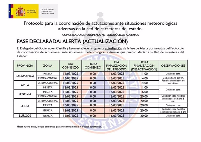 Información sobre la Fase de Alerta por nevadas en Castilla y León.