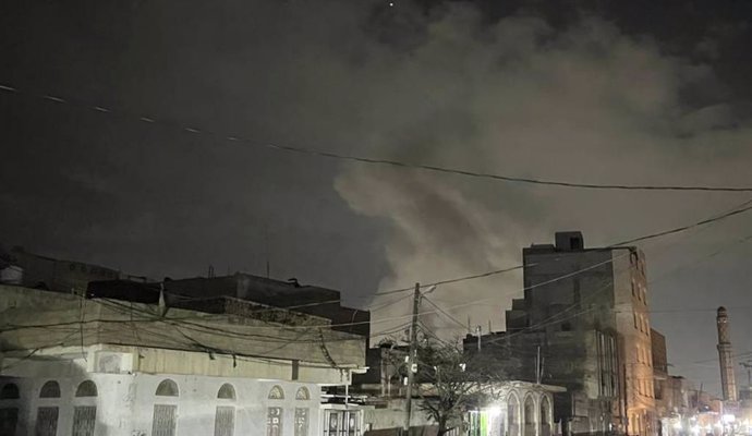 SANAA, March 16, 2025  -- This photo taken by a mobile phone shows smoke rising after an airstrike in Sanaa, Yemen, on March 15, 2025.   The U.S. warplanes on Saturday night launched airstrikes on several Houthi sites in Yemen's capital Sanna and the nort