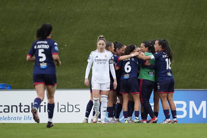 Players of Deportivo celebrates a goal scored by Antonia Da Costa Silva of Real Madrid during the Spanish Women League, Liga F, football match played between Real Madrid and Deportivo Abanca at Alfredo Di Stefano stadium on March 15, 2025, in Valdebebas, 