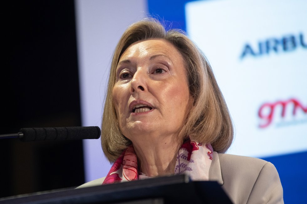 La secretaria de Estado de Defensa, Amparo Valcarce, interviene durante un encuentro de la industria de Defensa, en Zénit The Studio, a 17 de marzo de 2025, en Madrid (España). 