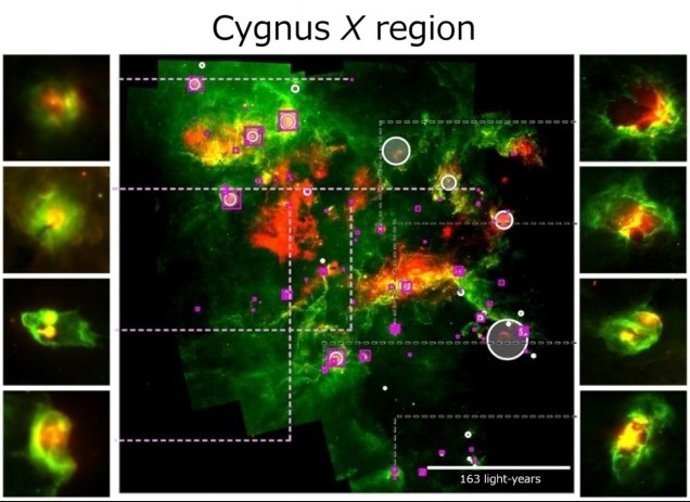 Imagen compuesta de estructuras similares a burbujas detectadas utilizando datos de observación infrarroja de la Vía Láctea obtenidos por el Telescopio Espacial Spitzer