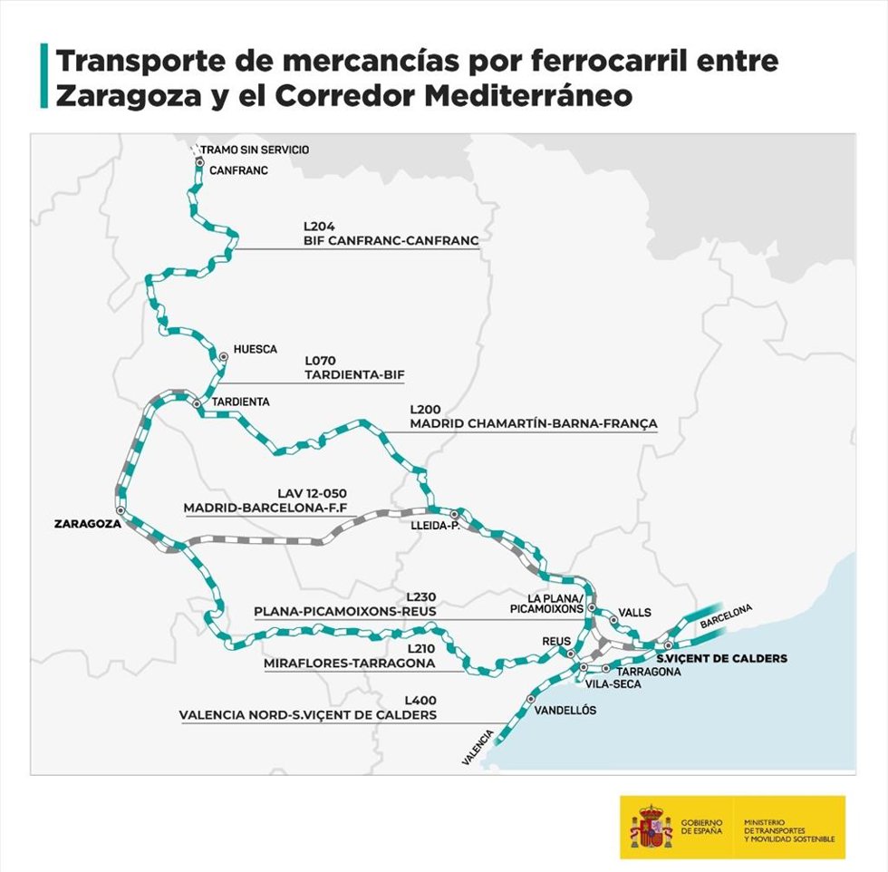 Plano de las conexiones ferroviarias entre Aragón y Catalunya.
