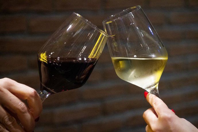 Archivo - Dos personas brindan con copas de vinos de Castilla y León.