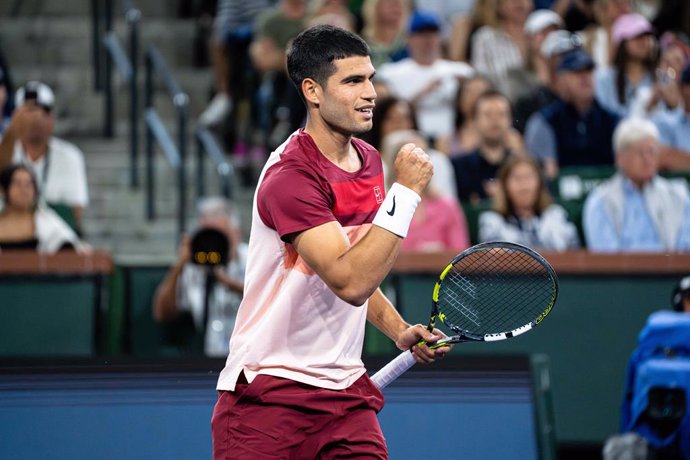 March 11, 2025: March 10, 2025 Carlos Alcaraz from Spain during the third round match against Denis Shapovalov at the BNP Paribas Open in Indian Wells, CA.,Image: 974666403, License: Rights-managed, Restrictions: * Belgium France Germany Rights Out *, Mod