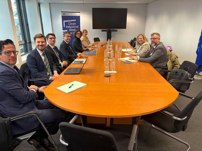 La consejera de Transición Ecológica, Industria y Comercio, Belarmina Díaz y el director general de Industria y Minería, Mauro Rodríguez Piedra (primero por la derecha), con parte del equipo de la vicepresidenta de la Comisión Europea.