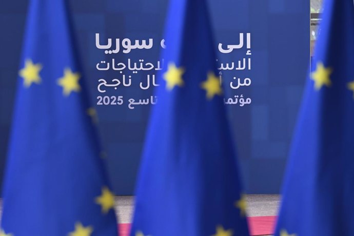 March 17, 2025, Brussels, Belgium: Logo of the 9th International Conference in Support of Syria at European Council headquarters in Brussels,Belgium on 17/03/2025 The conference, convened by the European Union, gathers international leaders, Syrian interi