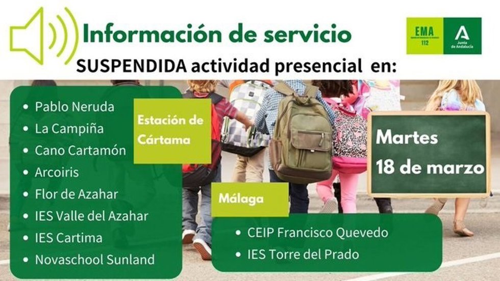 Centros educativos de Málaga con la actividad presencial suspendida por las incidencias provocadas por el temporal de lluvias