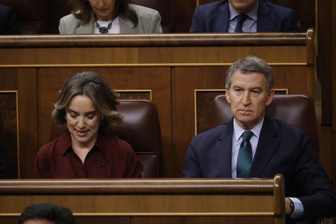 O secretário-geral do PP, Cuca Gamarra, e o presidente do PP, Alberto Núñez Feijóo, durante uma sessão de controle do governo no Congresso dos Deputados, em 26 de fevereiro de 2025, em Madri (Espanha). O governo enfrenta uma nova sessão de