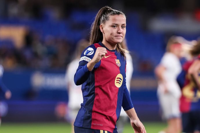 Archivo - Claudia Pina of FC Barcelona Femenino celebrates a goal during the UEFA Women's Champions League 2024/25 Group Stage MD3, football match played between FC Barcelona and SKN St. Polten at Johan Cruyff Stadium on November 12, 2024 in Sant Joan Des