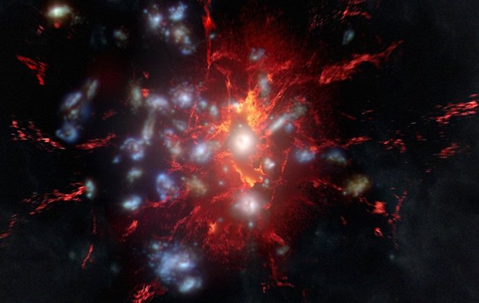 Ilustração do gás molecular estendido (vermelho) ao redor das galáxias no núcleo do protocluster SPT2349-56.