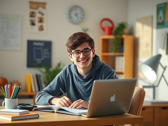 Un alumno sonríe mientras estudia.