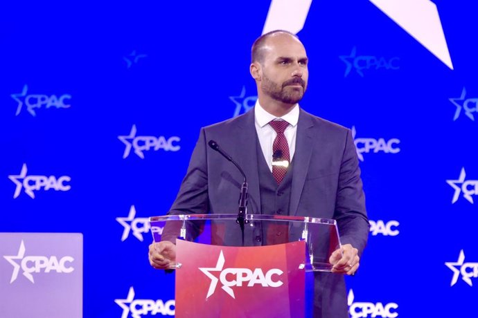 February 25, 2025, Washington Dc, Maryland: (new) eduardo bolsonaro, speaks at cpac in dc 2025. February 20, 2025, washington dc, maryland, usa: eduardo bolsonaro, member of the chamber of deputies of brazil and of cpac brazil speaks at conservating polit