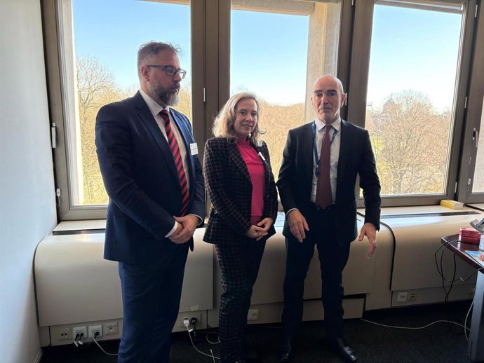 Mauro Rodríguez Piedra, director general de Industria y Minería; la consejera Belarmina Díaz y el director responsable de industrias electrointensivas de la DG Grow, Joaquim Nunes de Almeida.