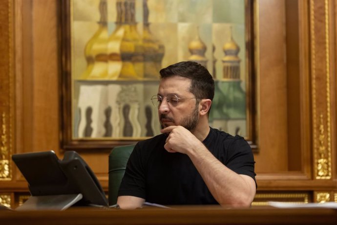 March 16, 2025, Kyiv, Ukraine: Ukrainian President Volodymyr Zelenskyy, listens to Canadian Prime Minister Mark Carney during bilateral discussions via teleconference, from the Mariinsky Palace, March 16, 2025 in Kyiv, Ukraine.