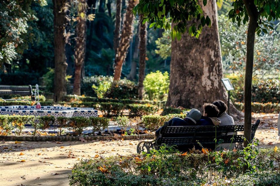 Archivo - Personas abrigadas en el Parque de María Luisa,  en un día frío y el soleado a la vez, en una imagen de archivo