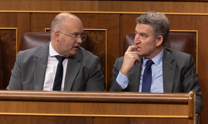 O porta-voz do PP no Congresso, Miguel Tellado (à esquerda) e o presidente do PP, Alberto Núñez Feijóo (à direita), durante uma sessão plenária no Congresso dos Deputados, em 12 de março de 2025, em Madri (Espanha). A delegação de poderes na área de imigr