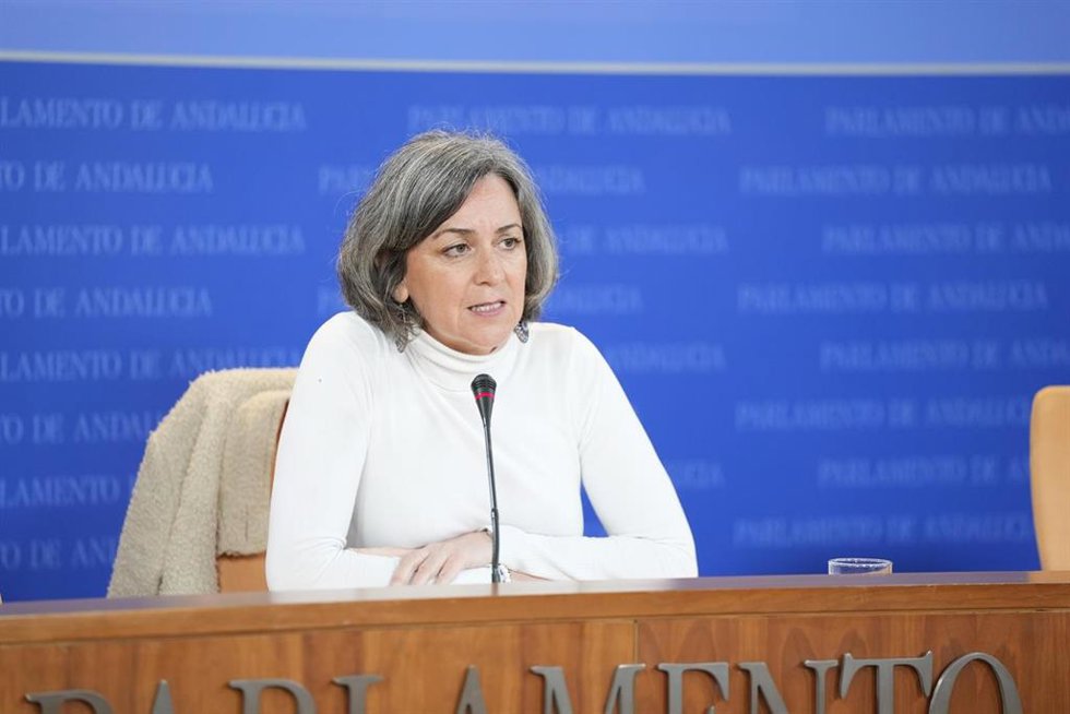 La diputada de Adelante Andalucía Begoña Iza, en rueda de prensa en el Parlamento andaluz.