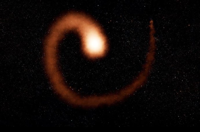 Conceito artístico da famosa "estrela do moinho" Wolf-Rayet 104, anteriormente apelidada de "Estrela da Morte".