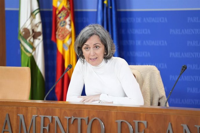 La diputada de Adelante Andalucía Begoña Iza, en rueda de prensa en el Parlamento.