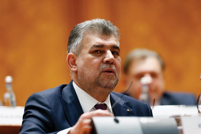 BUCHAREST, Feb. 28, 2025  -- Romania's Prime Minister Marcel Ciolacu is seen during a censorship motion against his government at the Parliament Palace in Bucharest, Romania, Feb. 28, 2025. The Romanian Parliament rejected a motion of no confidence agains