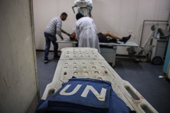 March 19, 2025, Deir Al-Balah, Gaza Strip, Palestinian Territory: Foreign staff members injured in an Israeli airstrike on the UN headquarters site are transferred to Al-Aqsa Martyrs Hospital in Deir al-Balah, central Gaza Strip, March 19, 2025