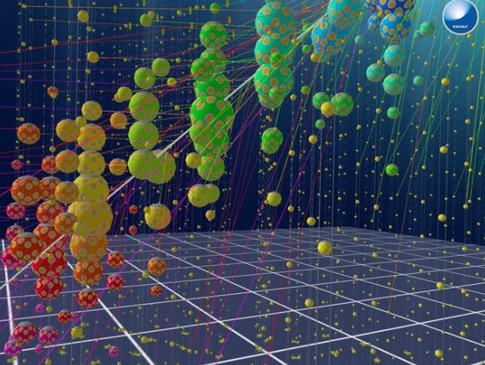 La visualización de un evento simulado en el detector KM3NeT/ORCA.