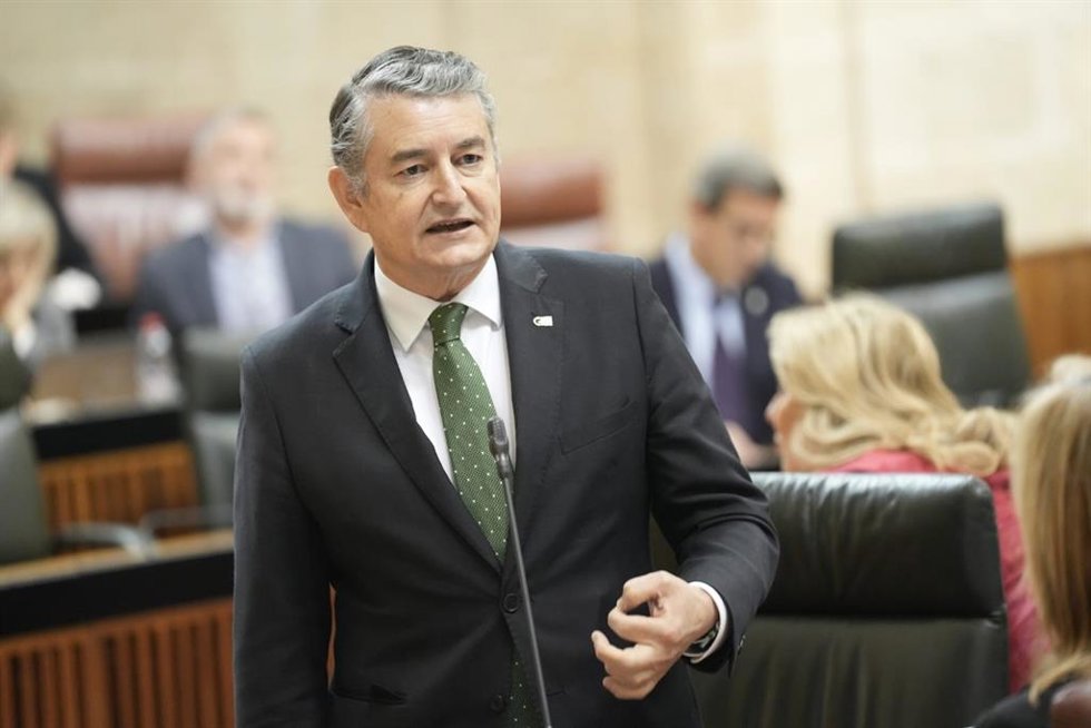 El consejero de la Presidencia, Interior, Diálogo Social y Simplificación Administrativa, Antonio Sanz, en el Pleno del Parlamento andaluz.