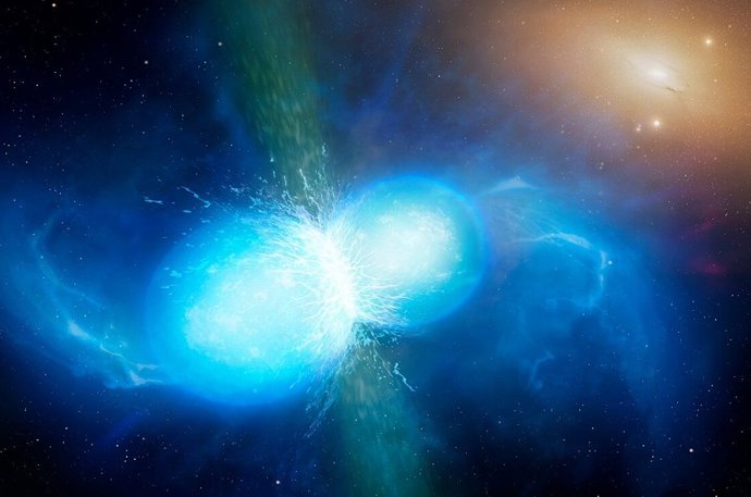 Impressão artística de uma fusão de estrelas de nêutrons