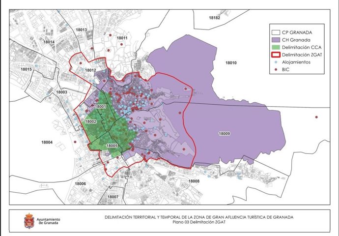 Delimitación de la nueva  Zona de Gran Afluencia Turística de Granada.